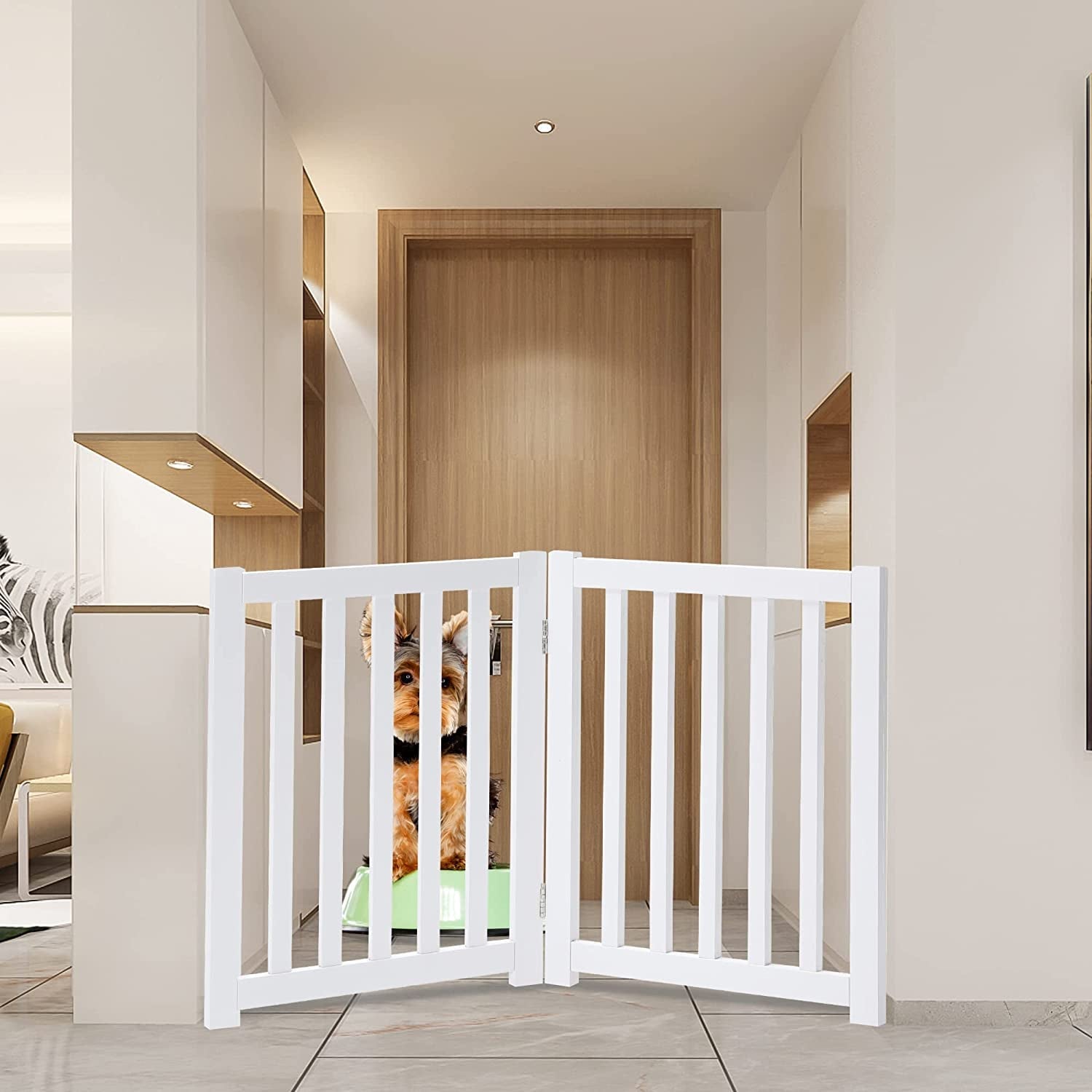 2-Panel Wooden Free Standing Foldable Dog Gate Indoor – Solid Hardwood 24" High, Step-Over Safety Pet Gate for Doorways, Stairs & Small Spaces - Indoor Use, White