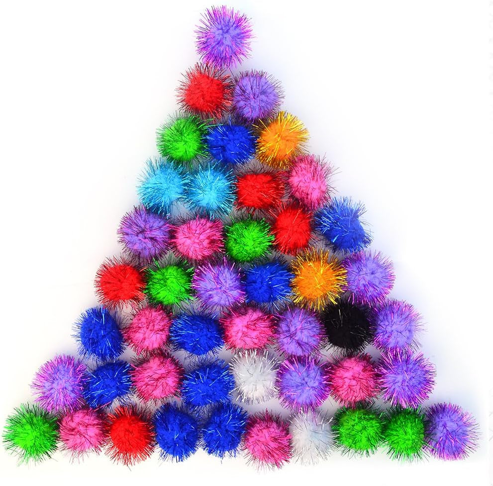 70 PCS Assorted Color Sparkle Balls, Tinsel Pom Poms Glitter for Cat Kittens