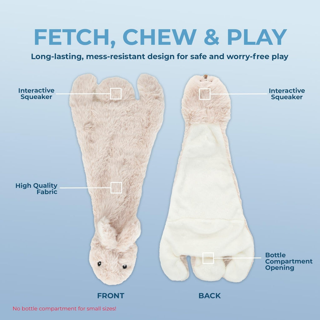 2-In-1 Stuffless Squeaky Dog Toys with Soft, Durable Fabric for Small, Medium, and Large Pets, No Stuffing for Indoor Play, Holds a Plastic Bottle - Hare, Medium