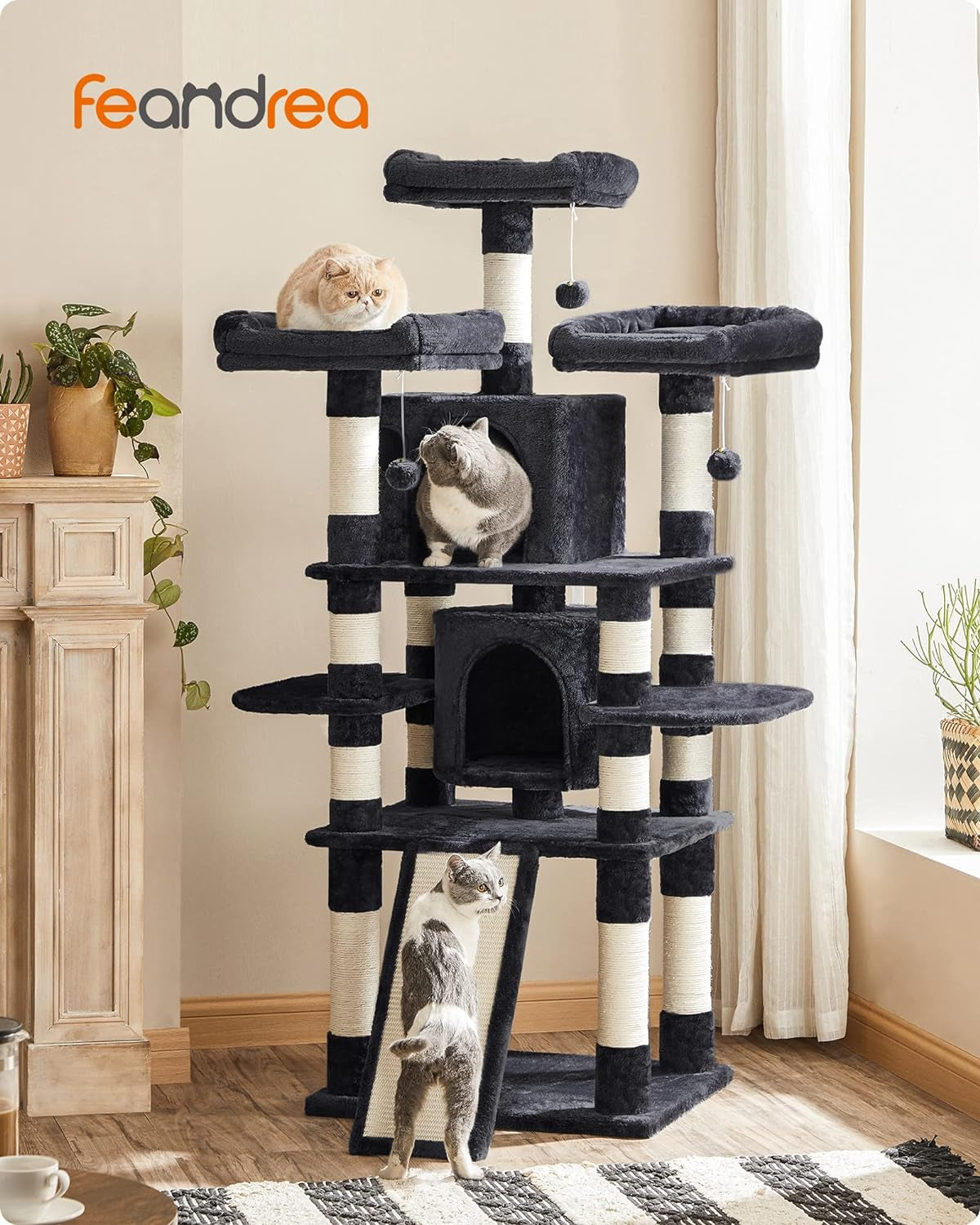 67 Inches Multi-Level Cat Tree for Large Cats, with Cozy Perches, Stable, Smoky Gray UPCT18G