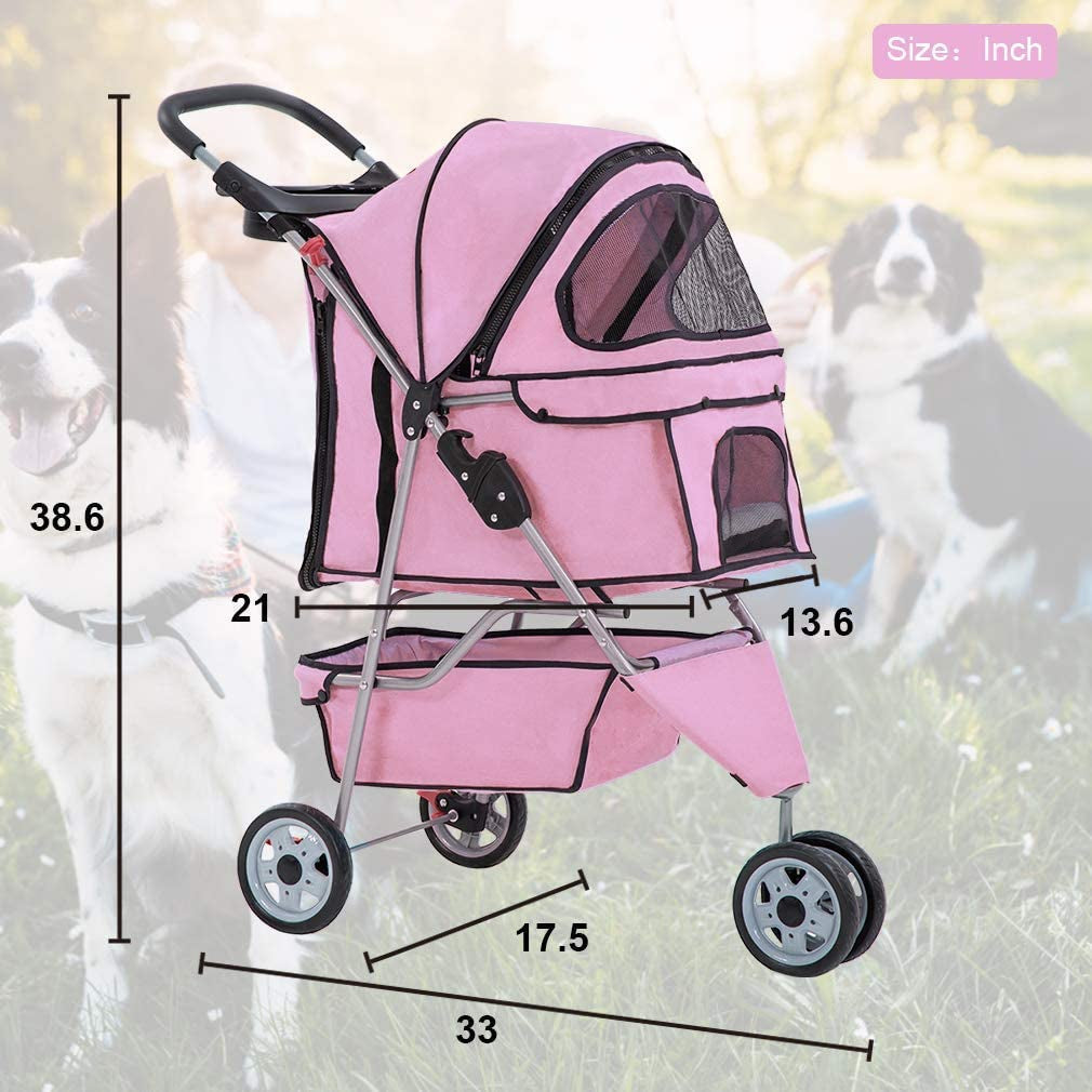 3 Wheels Pet Dog Stroller Cat Cage for Medium Small Dogs Cats Travel Folding Carrier Waterproof Puppy Stroller with Cup Holder & Removable Liner,Pink