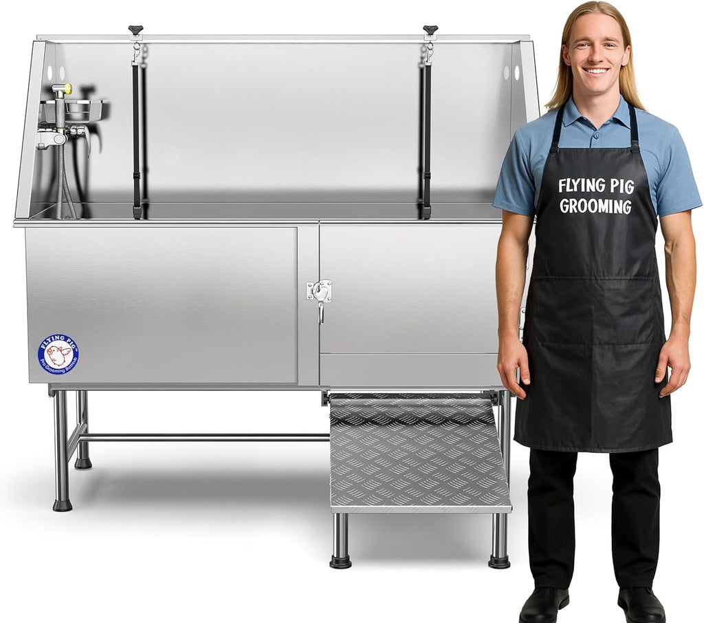 62" Stainless Steel Pet Dog Bath Tub with Faucet (Right Door/Left Drain), 62 X 27 X 58"